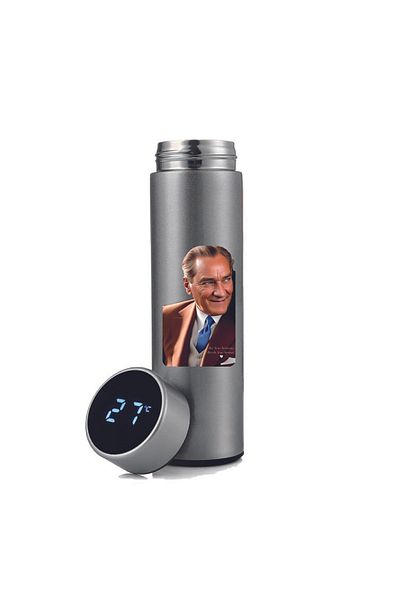 DKDZ SHOP Ataturk Printed Steel Silver Thermos with Indicator 450ml.-008