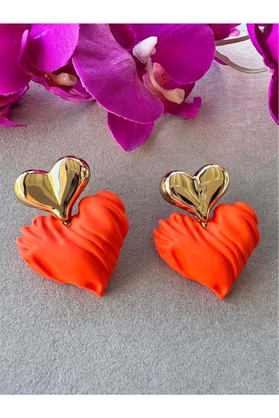 Pelin Aksesuar Orange Patterned Heart Earrings