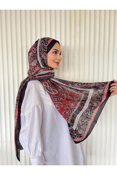 Pull Scarfs Ethnic Voile Papilon Pattern Shawl - Red