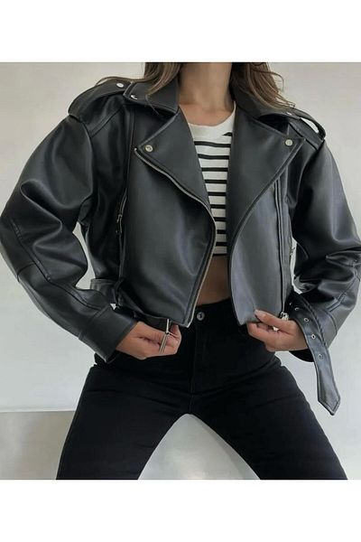 MEECY Schwarze, übergroße Lederjacke mit Gürtel