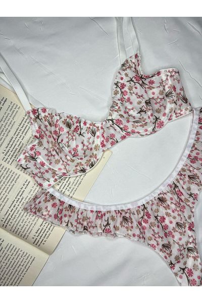 ROZENİN LINGERIE Ecru Ruffled Floral Patterned Transparent Romantic Bralet Set (Bra&Tanga)