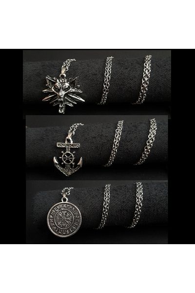 AB Takı Men's Necklace 3 Pieces Wolf Navigator and Iskand导航 Compass Figure