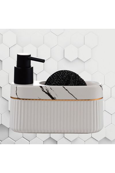 GUNES ZUCCACIYE Ceramic Liquid Soap Dispenser and Sponge Holder with Mien Press Hopper Black-White