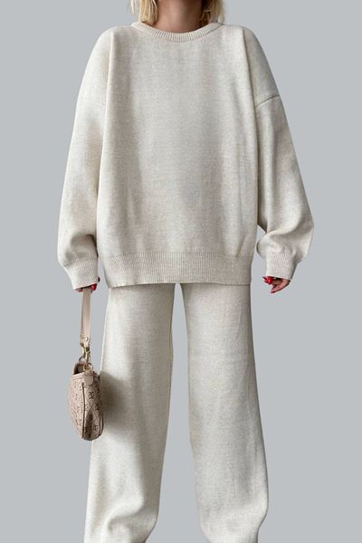 mefru Women's Solid Bottom Top Sweater Pants Basic Double Knitwear Set