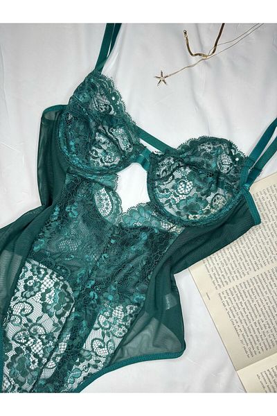 ROZENİN LINGERIE Body cu dantelă verde smarald, fără căptușeală, transparent, cu snap în partea de jos