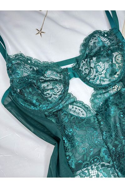 ROZENİN LINGERIE Body cu dantelă verde smarald, fără căptușeală, transparent, cu snap în partea de jos