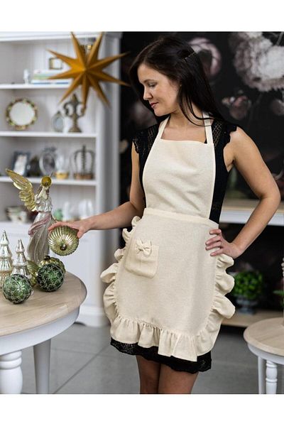 estrella paris Red Linen Ruffled Bohemian Kitchen Apron