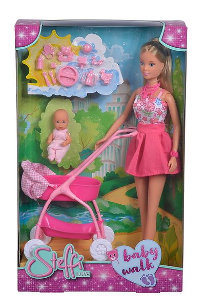 Simba Steffi Doll In Pink Dress And With Baby Stroller