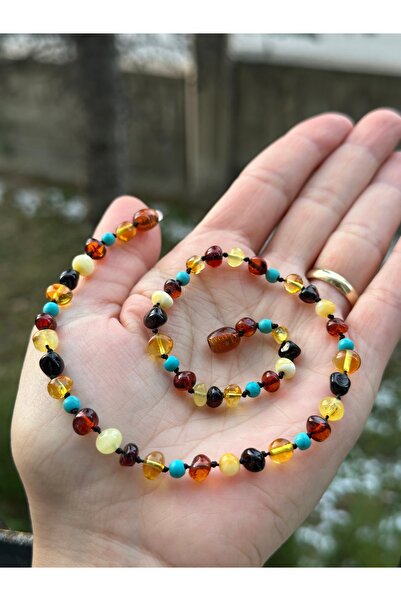 KEHRİBAREVİ EREĞLİ Damla Kehribar Bebek Kolyesi Firuze Kombinli