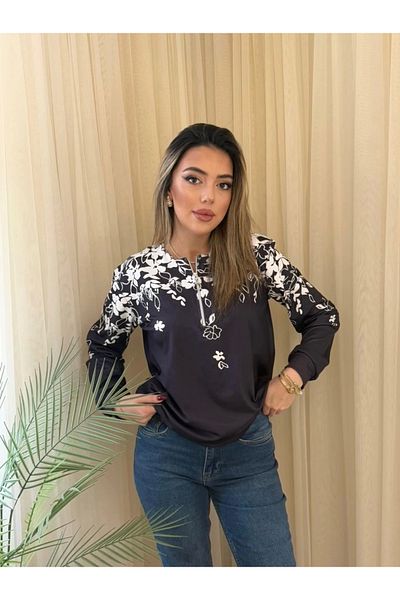 etol textile Γυναικεία μακρυμάνικη μπλούζα κατάδυσης μπροστά με φερμουάρ και φλοράλ στάμπα