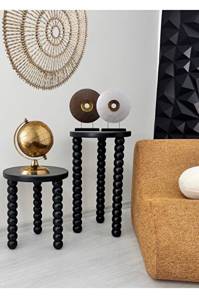 ASELYA HOME Doğal Ahşap 2’li Set Boncuk Ayaklı Yan Sehpa Modern Siyah Renk Fi...