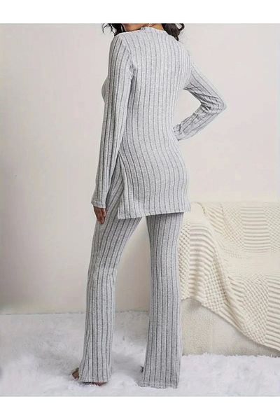 MODA Women's Long Sleeve Round Neck Side Slit Detailed Raised Camisole Blouse and Trousers Double Set
