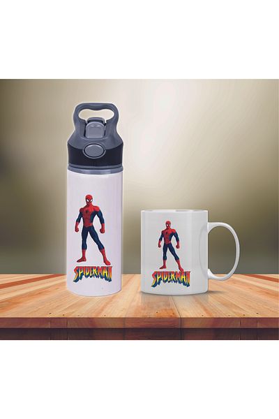 DKDZ SHOP Spiderman Printed Metal Water Bottle with Straw and Mug Cup-001