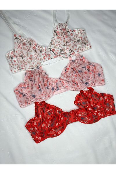 ROZENİN LINGERIE Set de 3 sutien cu modele florale cu volane