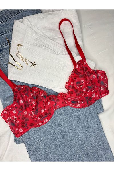 ROZENİN LINGERIE Red Ruffled Floral Patterned Bra