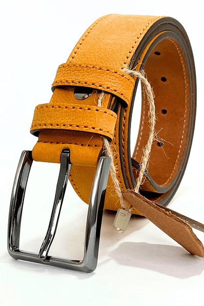 Parscraft Nubuck Leather Men's Belt 4 cm Yellow Denim Fabric Sports Belt