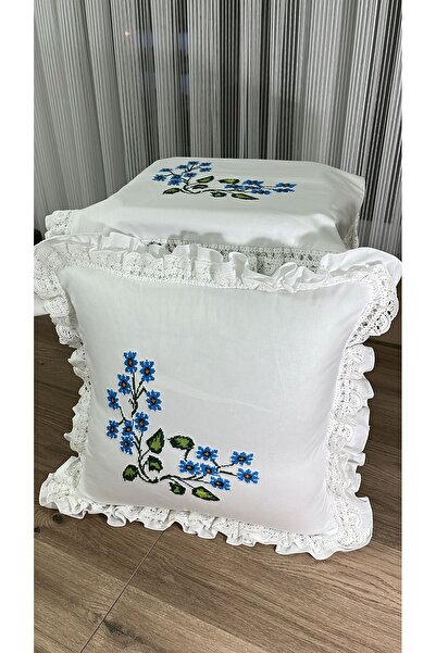 TREND Dantel ve kanaviçeli kırlent kılıfı