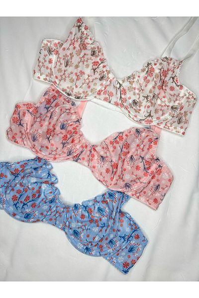 ROZENİN LINGERIE Set de 3 sutien cu modele florale cu volane