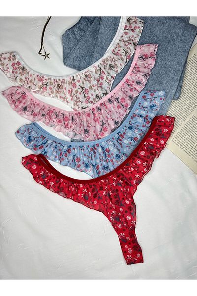 ROZENİN LINGERIE Set of 4 Ruffled Floral Patterned Thong