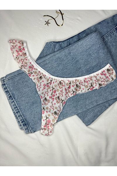 ROZENİN LINGERIE Ecru Frilly Floral Patterned Thong