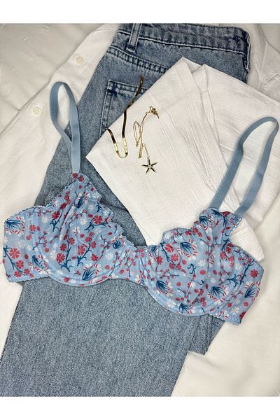 ROZENİN LINGERIE Sutien albastru cu volane cu modele florale