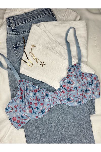 ROZENİN LINGERIE Sutien albastru cu volane cu modele florale