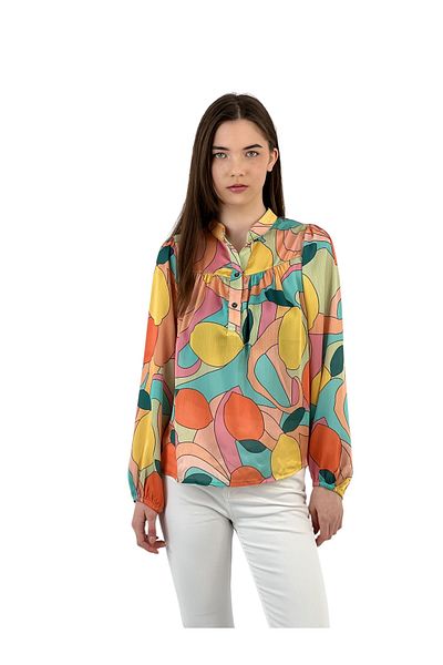 Miss Poem Women's Tight Buttoned Patterned Summer Slim Orange Blouse