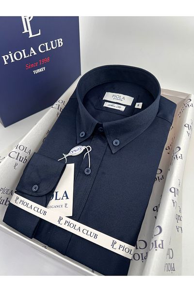 Piola Club Мъжка риза Slim Fit с яка с копчета, мека текстура, габардин (тъмносиня)