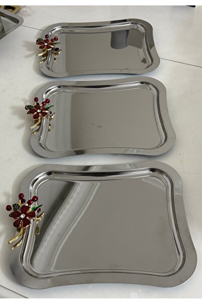 Elzemm store ÇELİK İTALYAN MODEL 3 ADET KIRMIZI ÇİÇEKLİ SERVİS VE SUNUM TEPSİSİ