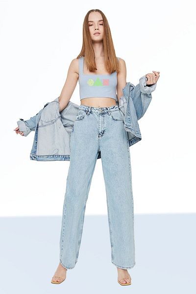LİMABEL Gizem Carla Anii 90 Ice Blue Snow Wash Lycra Blugi largi cu talie super înaltă Palazzo (MILAN)