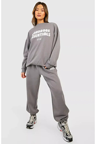 FOR ESRA BIG TREND Women's Front Embossed Print Detail Inside Ribbon 3 Thread Loose Cut Jogger Tracksuit Set