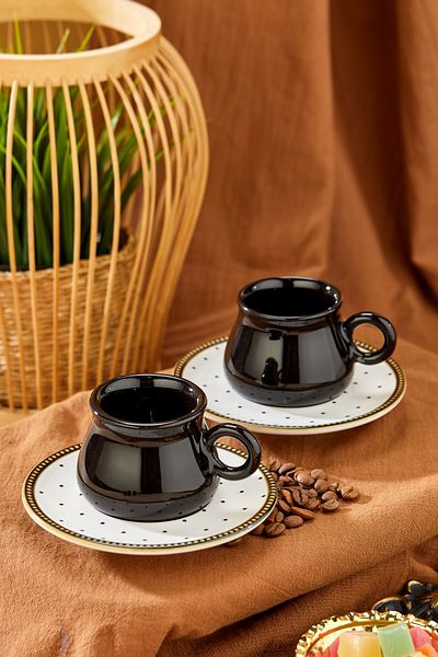 Babion Luxury Ceramic 2-Person Coffee Cup Set Polka Dot Black, Turkish Coffee Cup