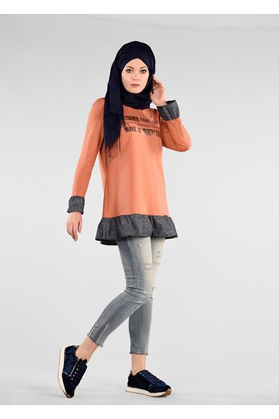 TRENDTESETTÜR Women's Orange (A.TILE) Flounced Text Printed Tracksuit Tunic 4915