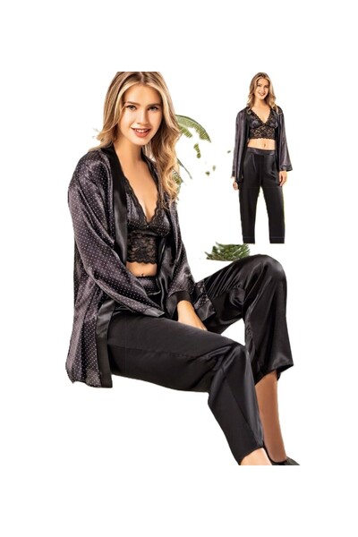 Loule Kadın Saten Üçlü Siyah Pijama Takımı LL.N1.I0.LA.006