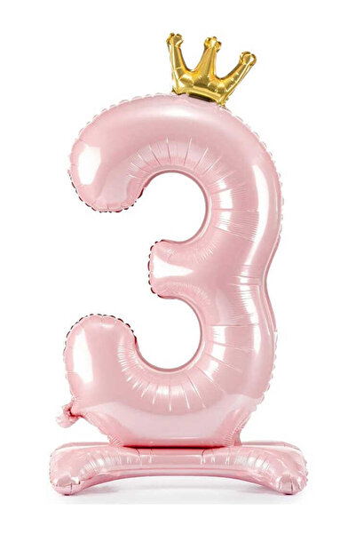 parti pera 3 Yaş Ayaklı Taçlı Pembe Rakam Folyo Balon 76 Cm