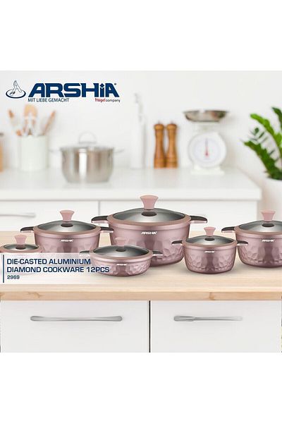 Arshia طقم أواني طهي فاخرة عالية الجودة، مكون من 12 قطعة، لون وردي