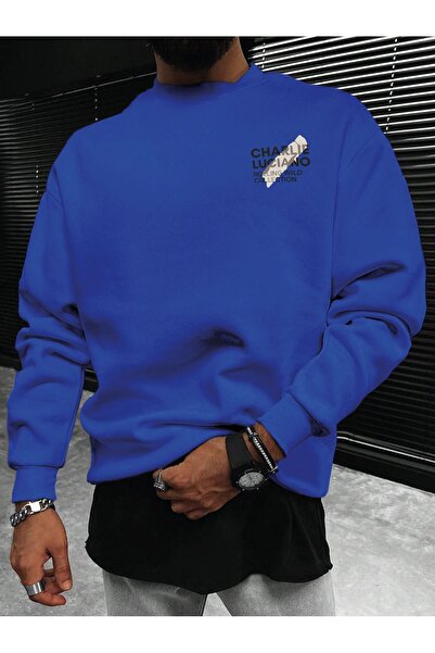 Mythologie Charlie Luciano Thick Winter Sweatshirt - Sax Blue Printed Oversiz...