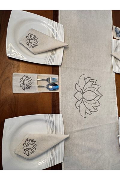Menar Tasarım Lotus Flower Embroidered Runner Napkin Spoon Holder Serving Set 6 Person Design Tableware