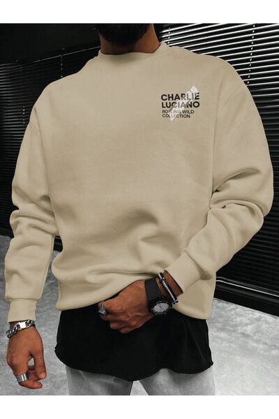 Mythologie Charlie Luciano Thick Winter Sweatshirt - Beige Printed Oversized ...