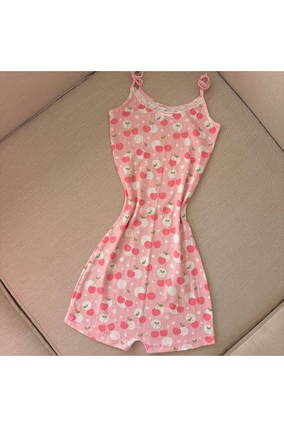 PİNKUE Women's Pink Suspender Shorts Jumpsuit - Lace Detail, Cherry Print, Summer, Relaxed Fit, Thin Fabric