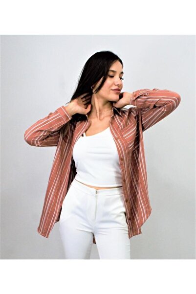 Pasaklı Giyim Ženska košulja Dusty Rose Upright Prugasto sa jednim džepom na ...