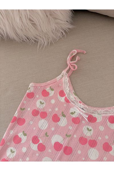 PİNKUE Women's Pink Suspender Shorts Jumpsuit - Lace Detail, Cherry Print, Summer, Relaxed Fit, Thin Fabric