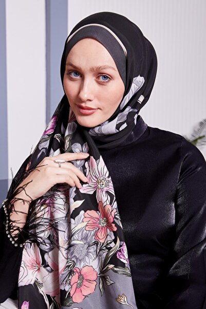 Levidor Gri Kenar Çiçek Desen Royal Şal