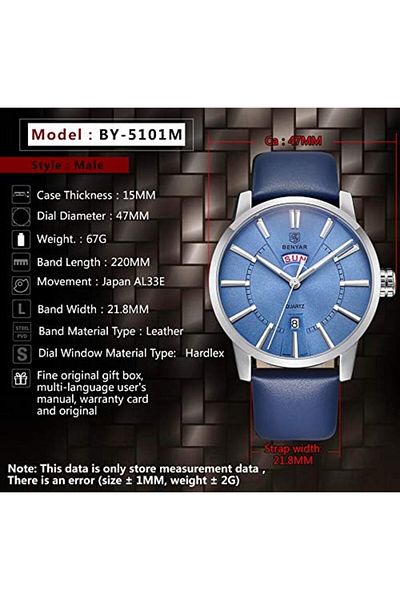 Benyar 30M Waterproof Quartz Watch, Luxury Sport Design, Silver Blue Wristwatch, Auto Date