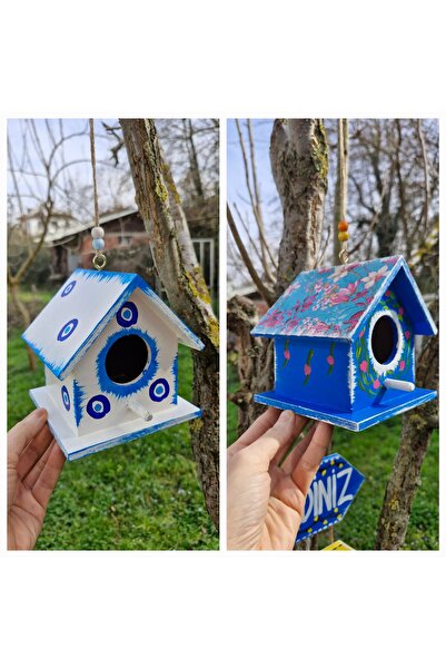 Home 2 adet küçük ahşap kuş evi, bahçe balkon dekoru için, mavi beyaz kuş yuvası