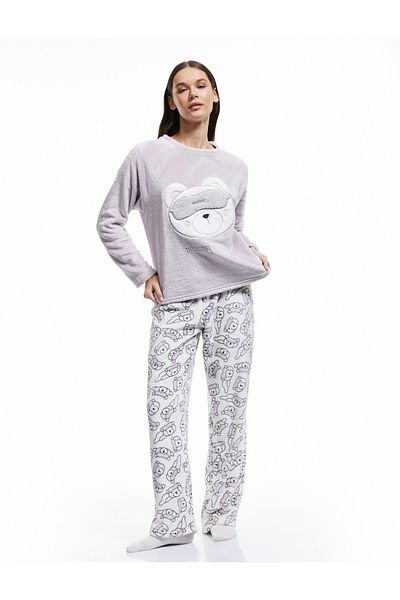 Koton Bequeme Passform Teddybär Applikation Detaillierte Langarm Plüsch Fleece Pyjama Set