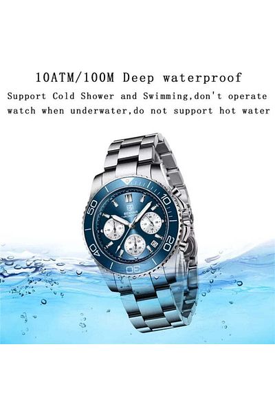 Benyar BY S002 Chronograph Sport Watch, Sapphire Glass, Luxury Blue Steel, 42MM Stainless Steel
