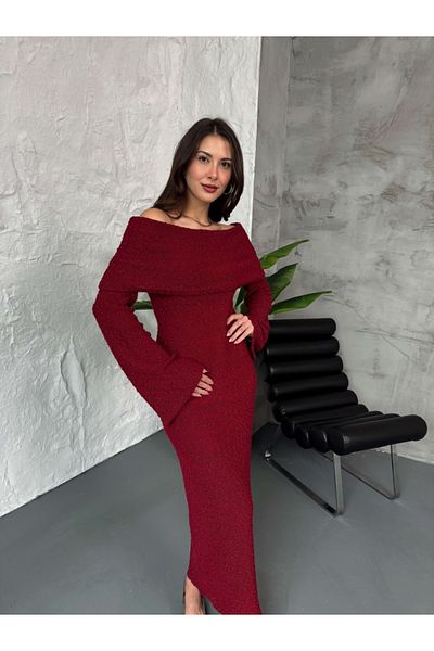 Elif Özbey Butik Rochie din tricot texturată cu guler Madonna burgundy