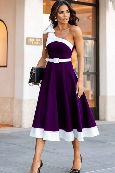 ALFUDO Moda Collection Women's Midi Bow Detailed Belted Purple Evening Dress