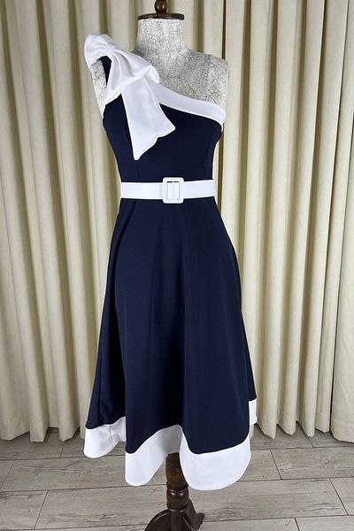 ALFUDO Moda Collection Women's Midi Bow Detailed Belted Evening Dress